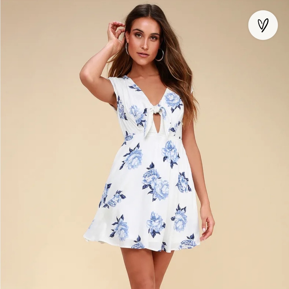 Lulus Venetia Blue and White Floral print Tie-front skater dress